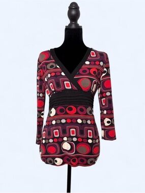 Vtg Y2K Cache Cache Red Black Mod Print Long Sleeve Surplice Babydoll Top